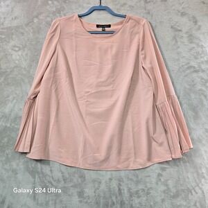 Jasmine & Juliana Blouse Top Womens 1X Pink Pleated Bell Sleeve Feminine Career